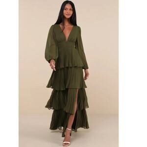 Lulu’s Graceful Finesse Olive Green Pleated Long Sleeve Maxi Dress Size Large